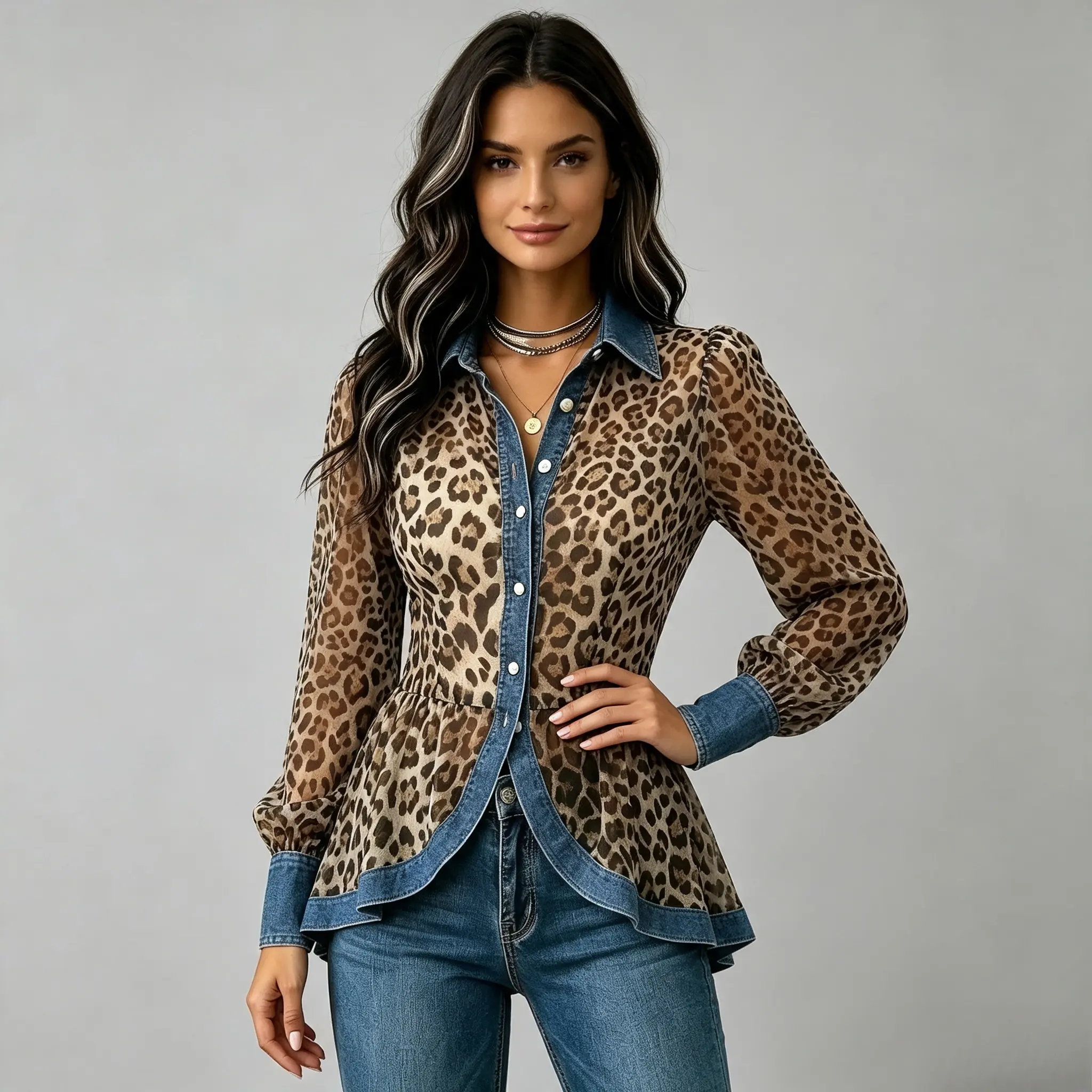 Leopard Print Denim Spliced Peplum Blouse for Women Lapel Puff Sleeve Button Down Shirt Fitted Waist Tunic Top Casual Chic