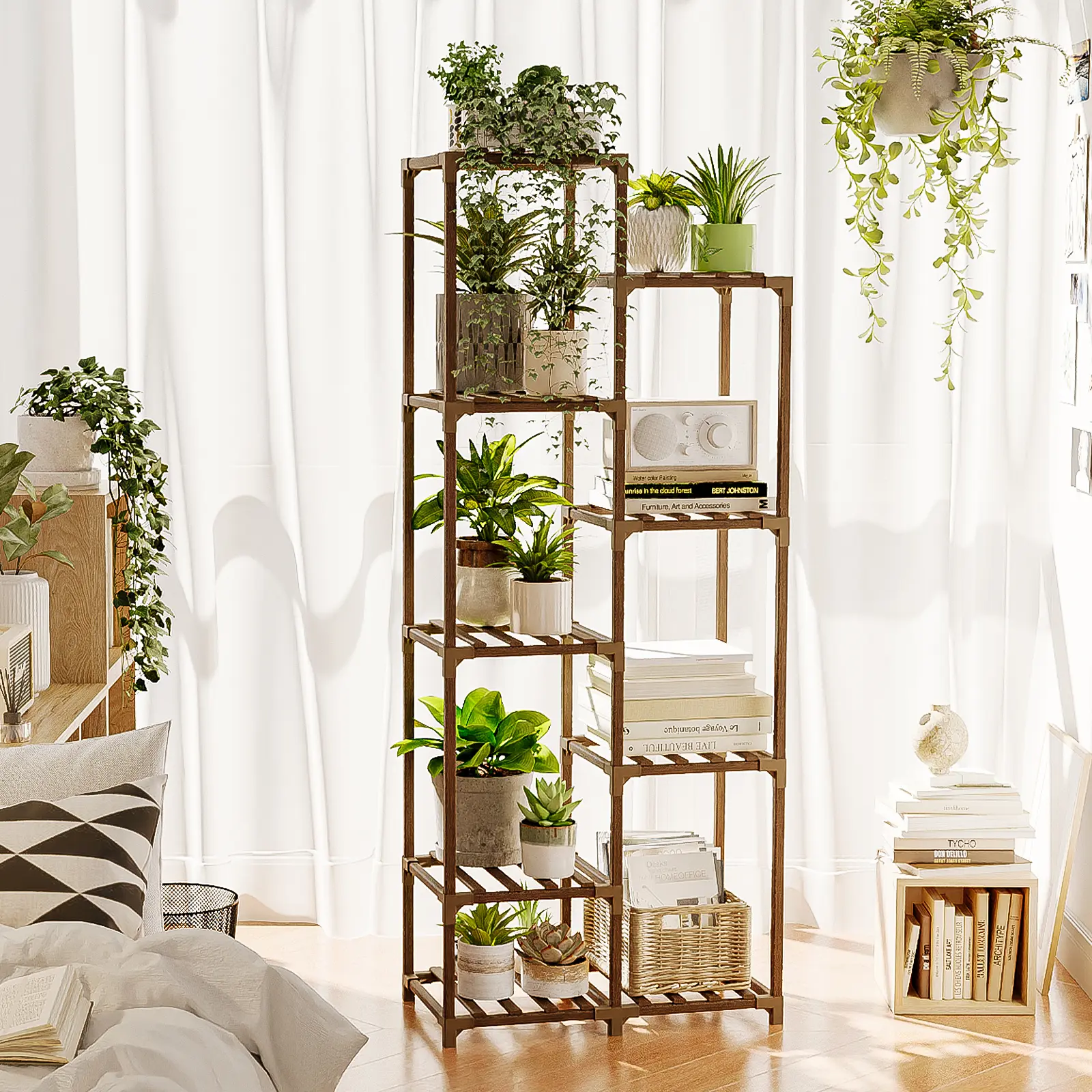 Bamworld Durable Eucalyptus Wood Vertical Plant Stand - 9-Slot Triangular Stable Tall Corner Shelf with Elevated Boxes, Reinforced Joints, Modern Plant Pot Holder, DIY No-Screw Setup Home Accessory for Living Room, Indoor/Outdoor Use