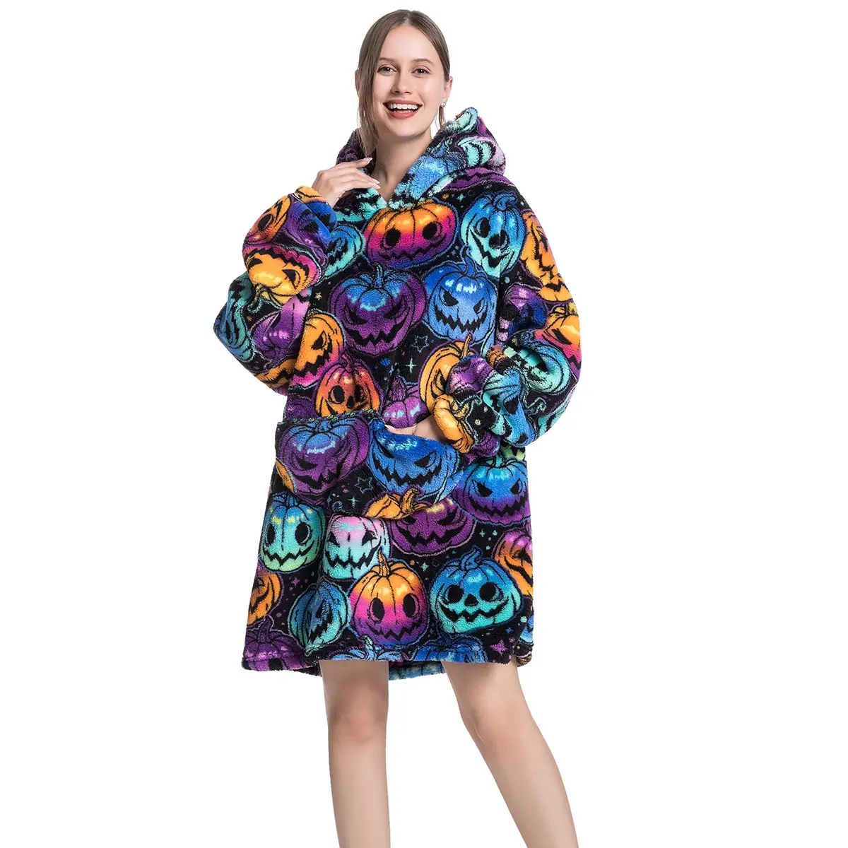 Oversized Blanket Hoodie, Full Print Hoodie, Soft Wearable Giant Sweatshirt with Sleeve Pockets, Long Sleeve, Casual Style Unisex Winter Clothing, Halloween, Womenswear