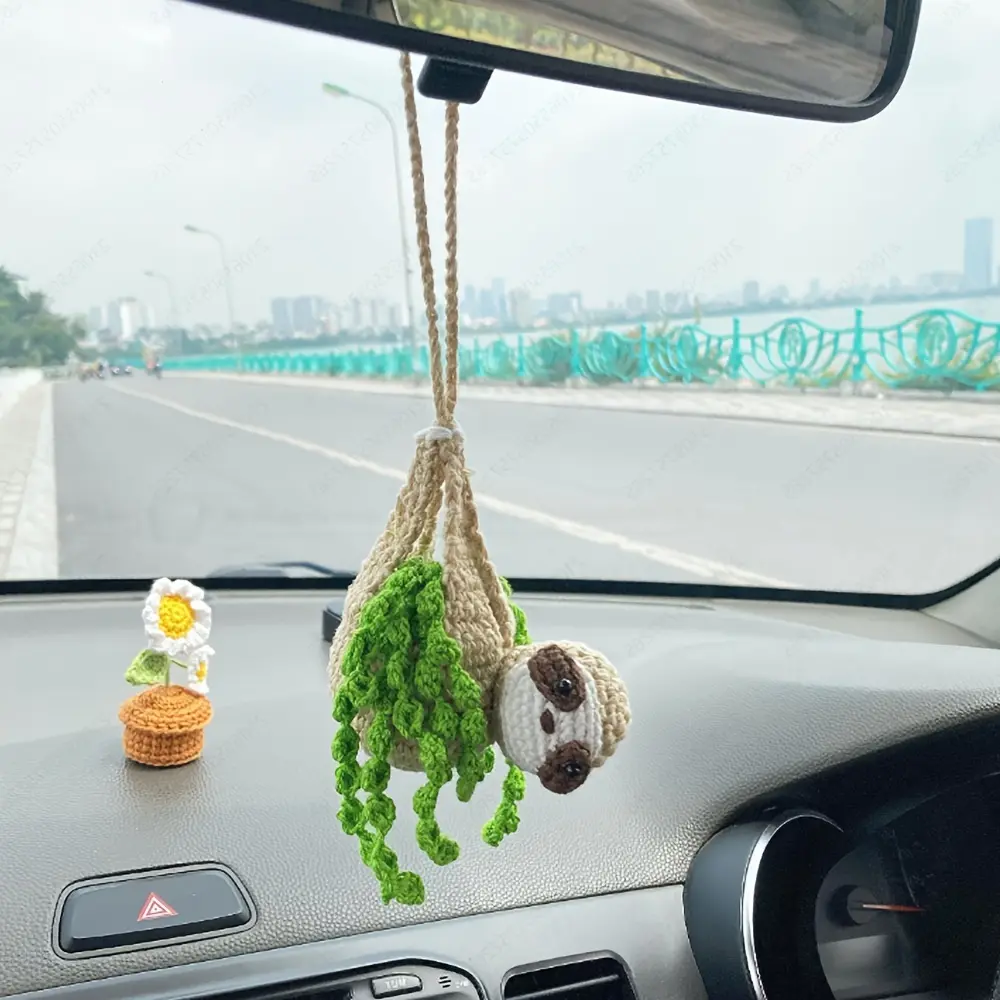 Handmade Sloth Rearview Mirror Hanging Ornament, Cute Fabric Style Car Decor, Healing Series for Sloth Lovers, Soft Safe Material, Car Hanging Decoration, Car Ornaments, Car Accessories