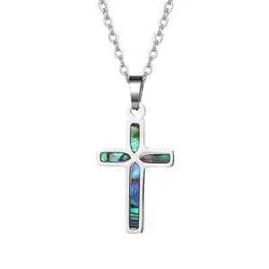 OIDEA Women's Abalone Shell Cross Necklace - Stainless Steel Christian Faith Pendant, Thin Chain Religious Embellishments Piece, Multicolor Cross Emblem Gift, Abalone Shell Necklaces, Cross Emblem Necklaces