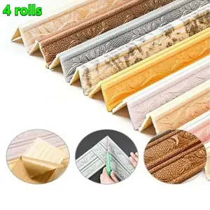 4 Rolls 3D European Elegant Floral Self-Adhesive Border, PVC Wallpaper Trim, Decorative Wallpaper in Brown Gold, 3D Embossed Floral Pattern, Home Decor for Bedroom Living Room Walls Door Frames, Peel and Stick