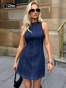 Classic Casual Minimalist Sleeveless Women's Denim Dress, Stylish Ladies' Jean Gown for Everyday Wear, Trendy Fashionable Option