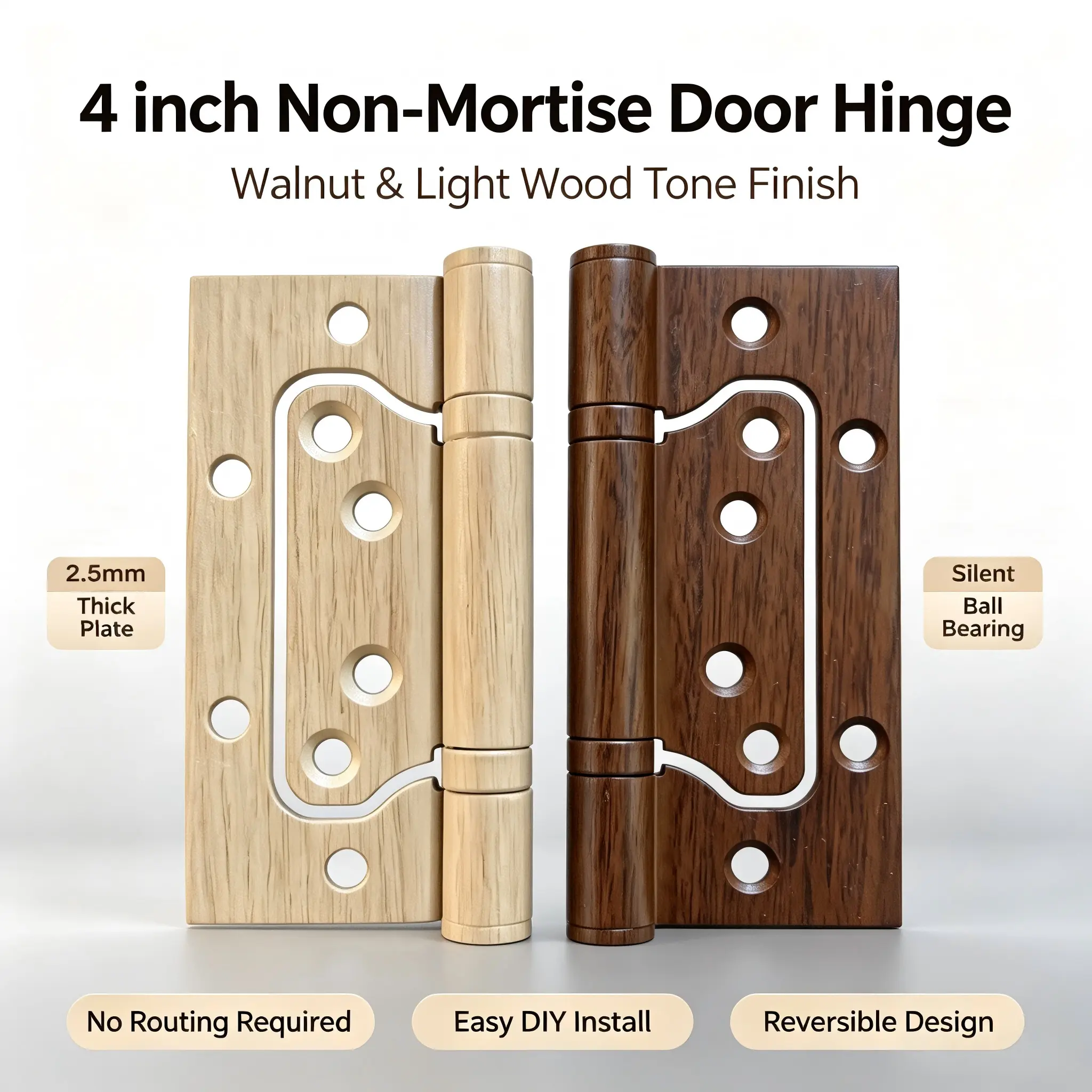GJANSH 4 Inch Non Mortise Butterfly Door Hinges Walnut Wood Grain Finish Heavy Duty Ball Bearing Interior Wooden Door Hinges No Routing Required Easy Install Hardware