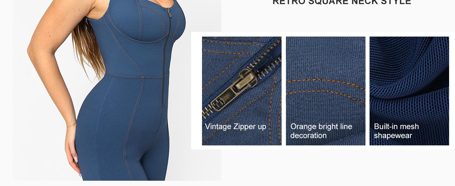 BRXL Faux Denim Jumpsuit for Women - Built-in Shapewear Tummy Control Bodycon Romper with Flared Legs & Bronze Zipper - Casual Fashion Bodysuit#Summervibes #beachoutfit, Lady