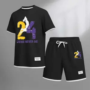 Men's Basketball 24 Print Drawstring Shorts Set For Spring/Summer. A Casual Summer Outfit, Including A Short-Sleeved Shirt And Shorts, Suitable For Everyday Wear And Sports. A Two-Piece Set For A Relaxed And Energetic Lifestyle.