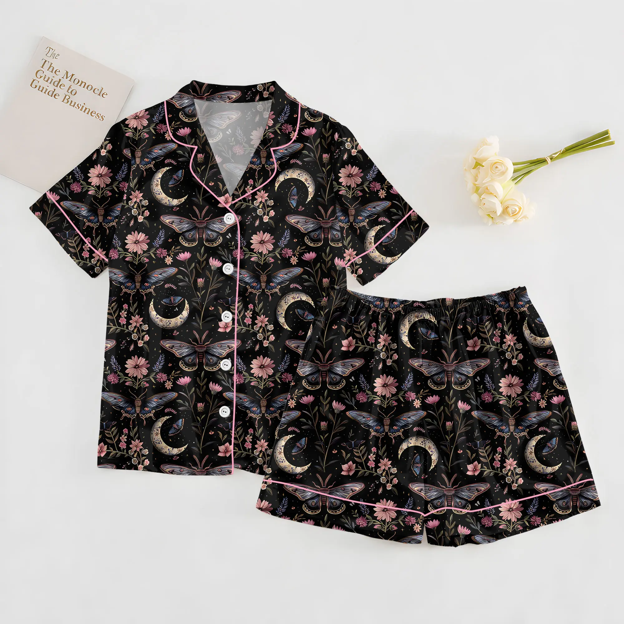 Witchy Halloween Pajamas Satin Set, Night Garden Mystical Moth Magic Witchy Floral Satin Pajama Set, Halloween Magic Witchy Floral Pajama Sleepwear, Nighwear Set for Her