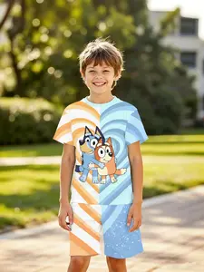 Cute Cartoon Dog Boys' 3D Short Sleeve Set, Blue Color Block, Casual Outdoor Wear, Birthday Gift, Holiday Present