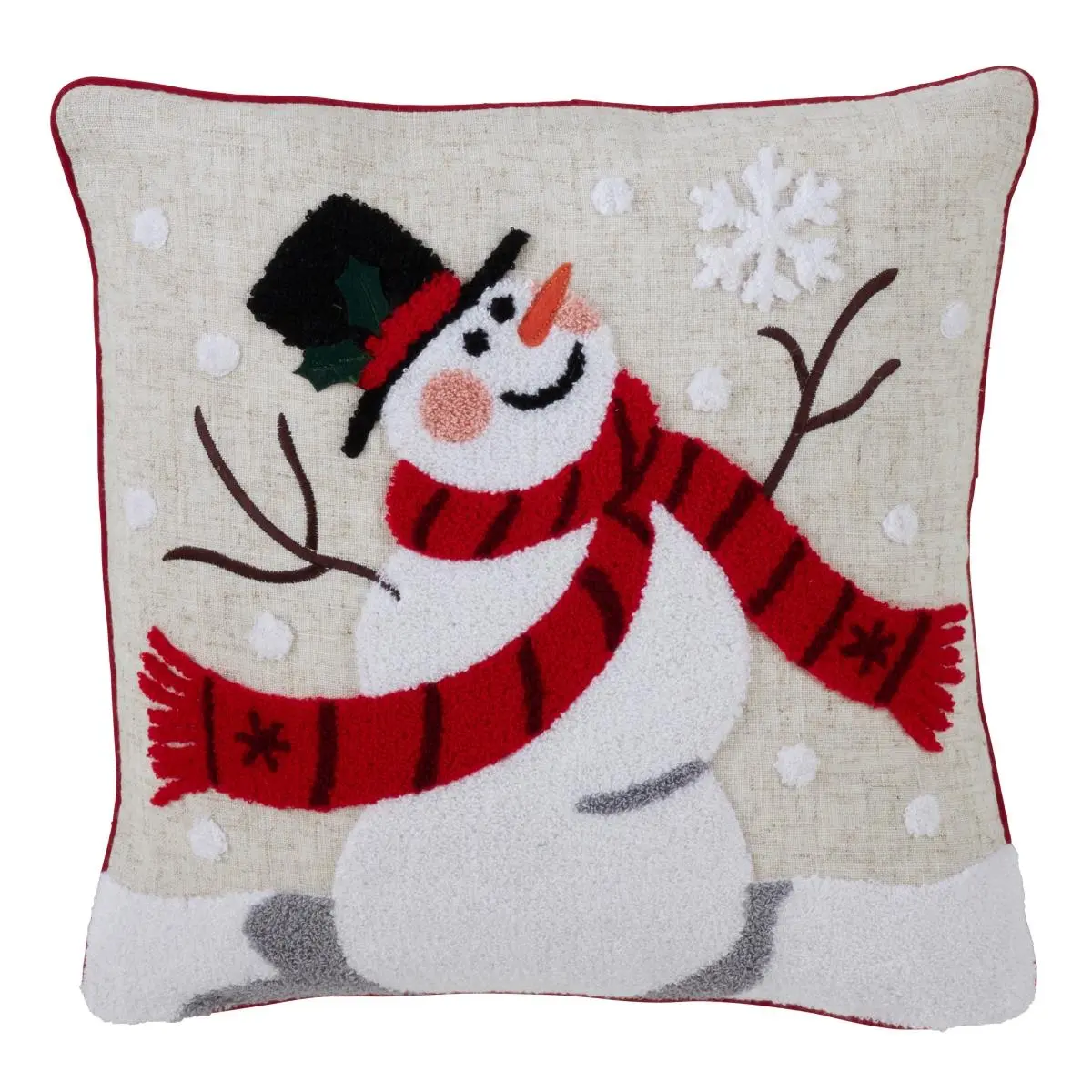 SARO 16 in. Square Poly-Linen Blend Down-Filled Home Decorative Cushion, Jolly Snowman Design, Multi-Color, Hand Wash Only, Hang Dry for Holiday Décor