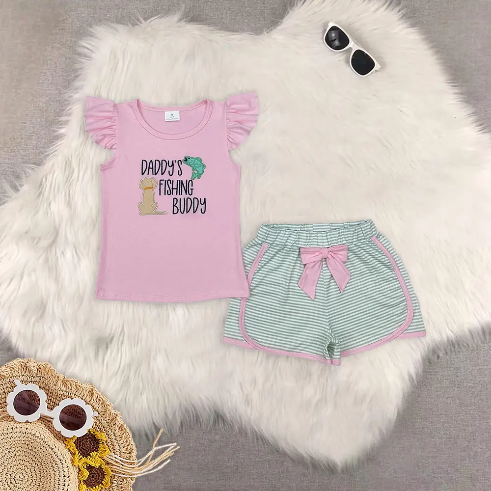 New Clothes Girls Pink 'Daddy's Fishing Buddy' T-Shirt with Stripe Shorts Set Casual Outfit for Kids