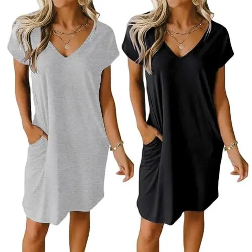Women's 2-Pack V-Neck Short Sleeve Nightgown Sleepshirt - Soft Comfortable Pajama Dress with Pockets, Plain and Floral Patterns, Perfect for Lounge, Sleepwear, and Home Wear Women's 2-Pack V-Neck Short Sleeve Nightgown Sleepshirt - Soft Comfortable Pajama Dress with Pockets, Plain and Floral Patterns, Perfect for Lounge, Sleepwear, and Home Wear