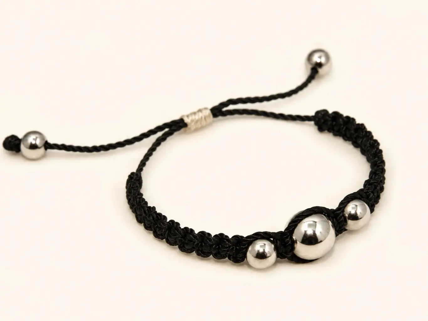 Handcrafted Black Braided Bracelet with Stainless Steel Beads