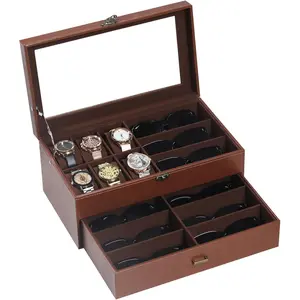 Leather &  6 Watch Box  Case and 9 count Eyeglasses Storage and Sunglass Glasses Display Drawer Lockable Case Organizer,Coffee,AW-178
