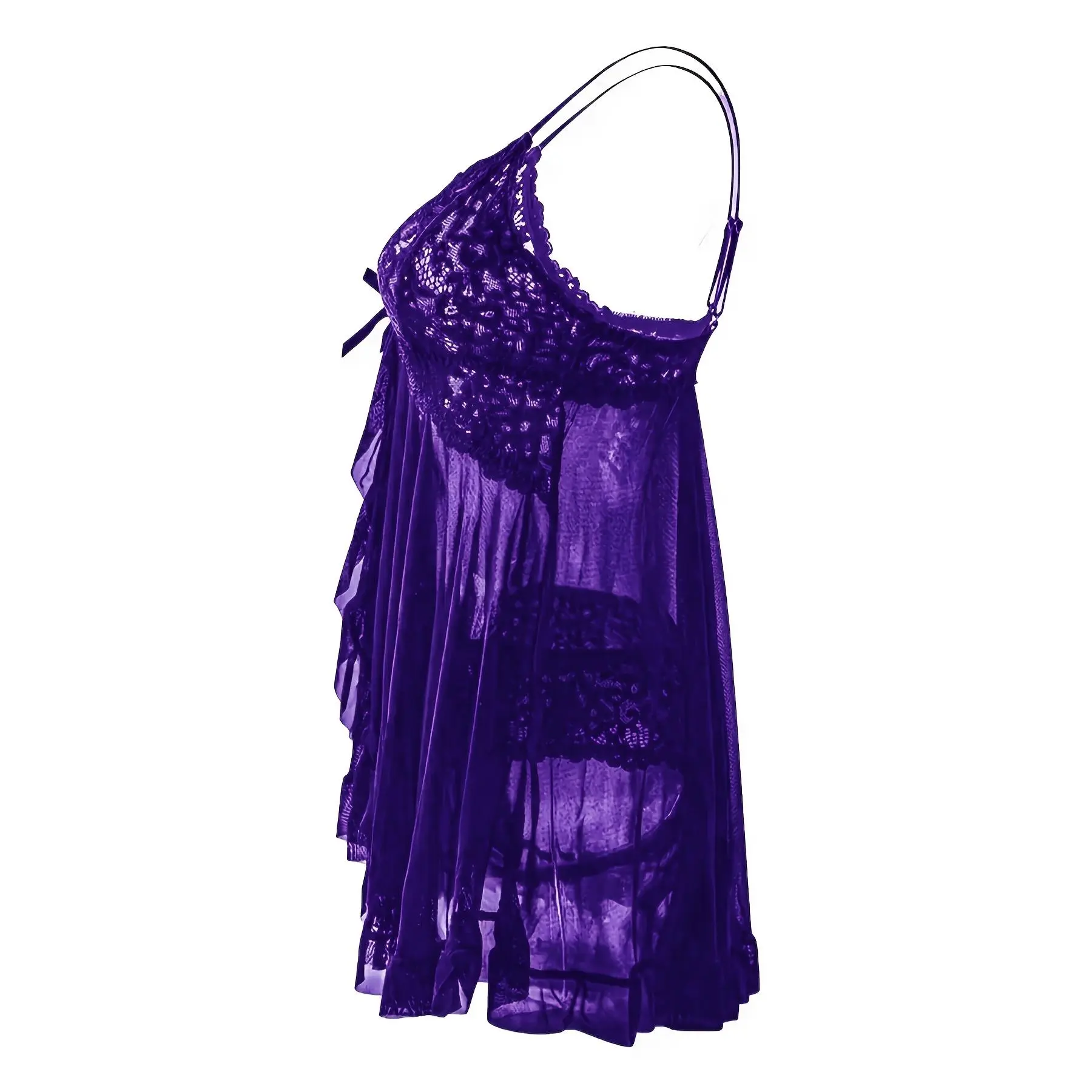 Large Size Lace Sleepwear Dress - Exquisite Contrast Lace, Flattering  V-Neckline, Daring Backless Design, Delicate Ruffle