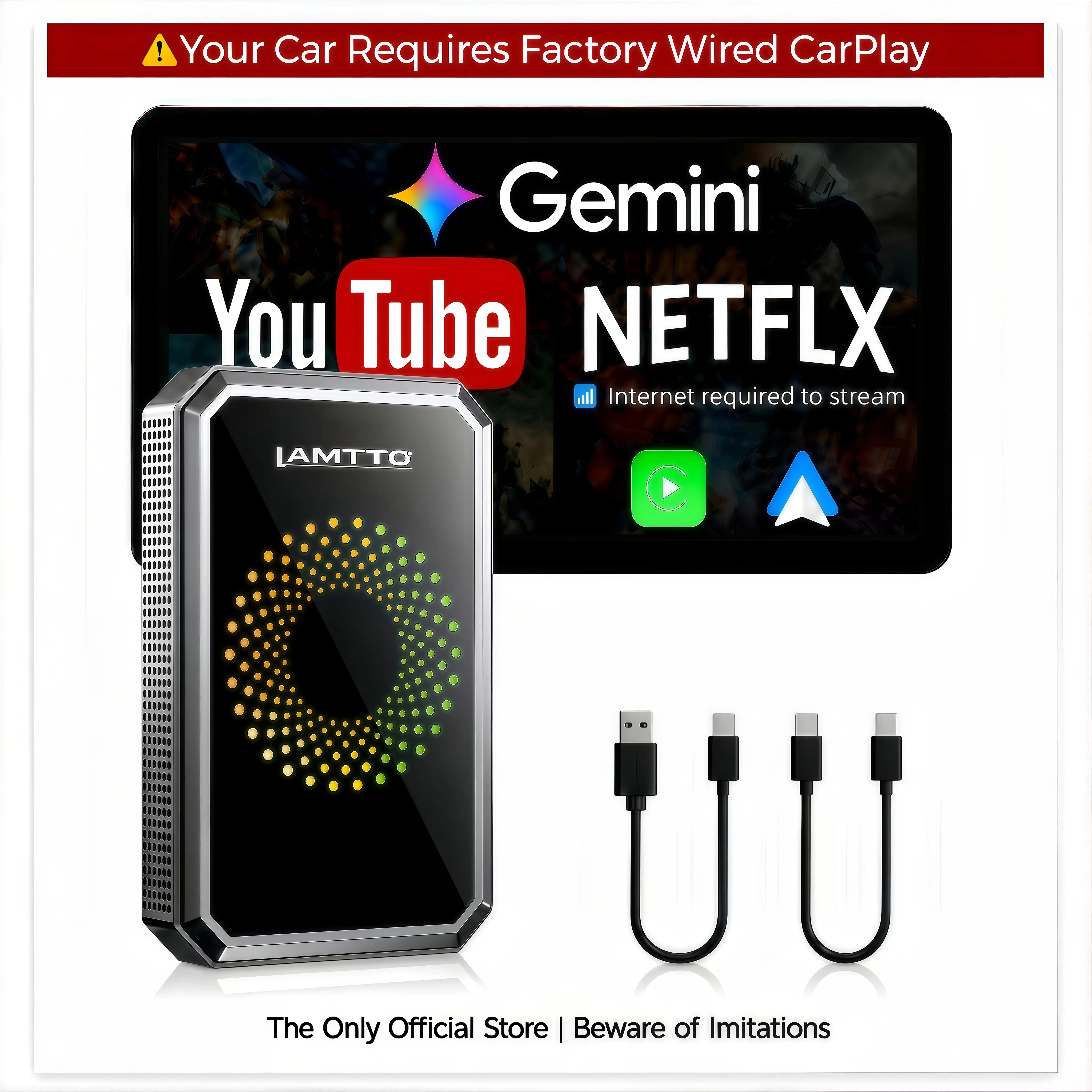 【️️CHECK COMPATIBILITY】LAMTTO 2026 Wired CarPlay to Wireless Adapter - Stream Netflix/YouTube/TikTok & Gemini AI on the Touchscreen : Hotspot Required, ONLY for Wired CarPlay/AA Vehicles - NOT for Wireless CarPlay | Summer Essential Car Accessories