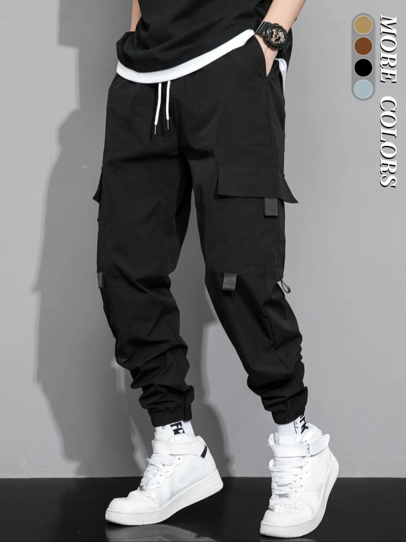 Men's Regular Fit Solid Flap Pocket Drawstring Waist Cargo Pants, Casual Elastic Waist Trousers For Daily Wear, Woven Bottoms For All Seasons