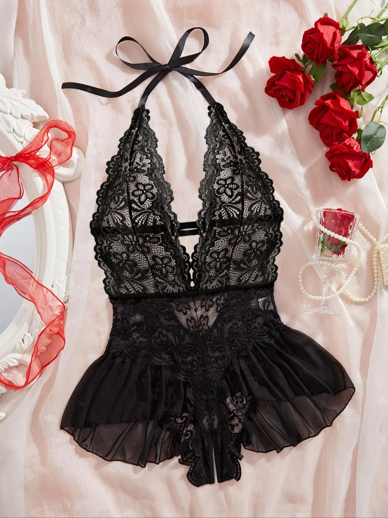 【Plus Size】 Floral Lace Bodysuit, Casual Comfy Breathable Plus Size Sleepwear for Summer, Lace Lingerie Babydoll