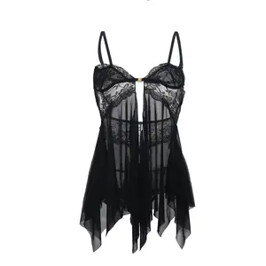 Women's Sexy Lace Babydoll Lingerie | Sheer Mesh Front Closure Chemise Nightgown | Exotic Cutout Sleepwear Mini Dress with G-String