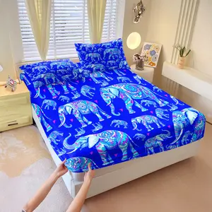 3Pcs Royal Blue Patterned Elephant Print Fitted Sheet Set,Bohemian-Themed Bedding Set,Color Blocking,Durable Soft Bedding,for Room Decoration, Soft Fabric, Includes 2 Pillowcases Without Inserts