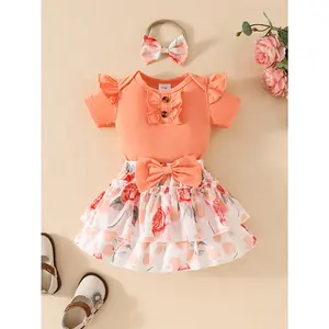 Short-sleeved Romper + Floral Print Cake Skirt + Headband Bow Three-piece Set, Perfect for Outdoor