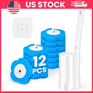 Wall-Mounted Disposable Toilet Brush and Holder Starter Kit with 12 Replaceable Brush Heads, Long Handle Toilet Cleaning Wand System, Bathroom Toilet Bowl Cleaning Brush Set, No-Rinse Replaceable Toilet Brush Head, Bathroom Cleaning Accessories