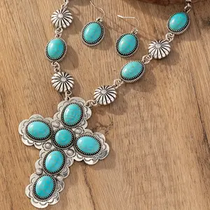 1 Pair Of Earrings + 1 Necklace Boho Style Jewelry Set Silver Plated Inlaid Turquoise Retro Cross Design Match Daily Outfits Party Accessories