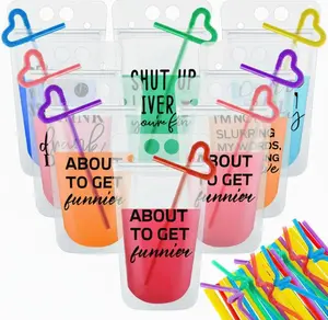 24 Pcs Adult Summer Juice Pouches for FLag Day Celebrations – Reusable Reclosable Smoothie Bags – 6 Unique Black Designs – Heavy Duty Beverage Pouches for Beach Parties, Festivals & Outdoor Fun