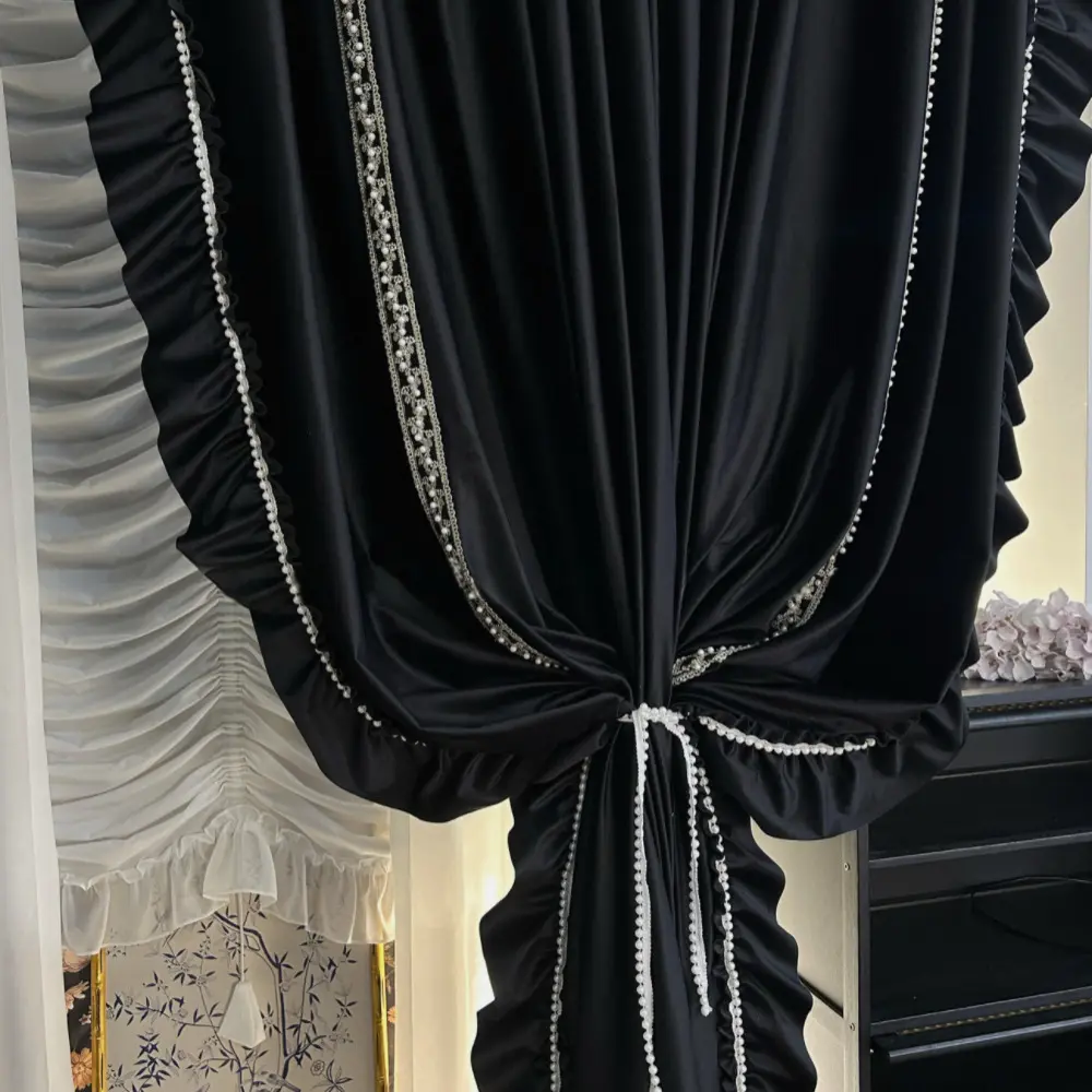 European Velvet Silk Vintage Pearl Decorated Ruffled Window Curtain, Baroque Style Dark Gothic Drapes for Living Room Bedroom Home Decoration Curtain