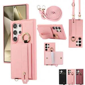 Card Holder Phone Case with Crossbody Lanyard & Finger Ring, 1 Set Shockproof Phone Protective Cover, Phone Accessories for Samsung Galaxy S24 S23 S22 Series Casing