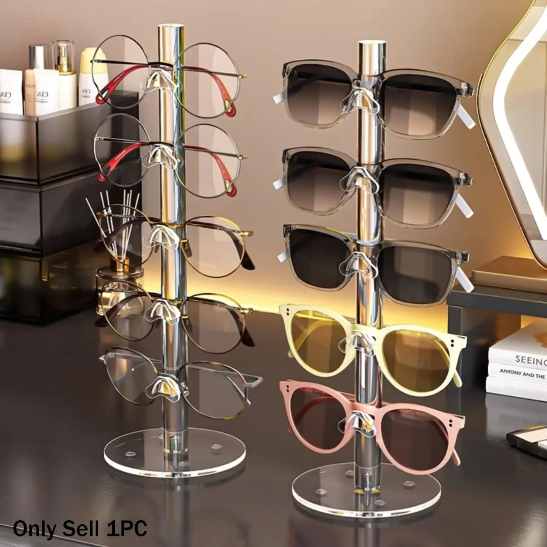 Sunglasses Display Stand, 1 Count Metal Sunglasses Storage Rack with Wooden Base, Eyeglasses Holder, Home Organizer for Desktop, Bedroom, Living Room, Versatile Use