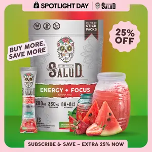 Salud 2-in-1 [Energy + Focus – Fresandía | Strawberry Watermelon] Clean Energy Drink Mix, Agua Fresca, Organic Caffeine, B6 & B12, L-Theanine, Drink Packets, Non-GMO, Gluten Free, Vegan, Low Calorie, 1g Sugar (15 Servings)