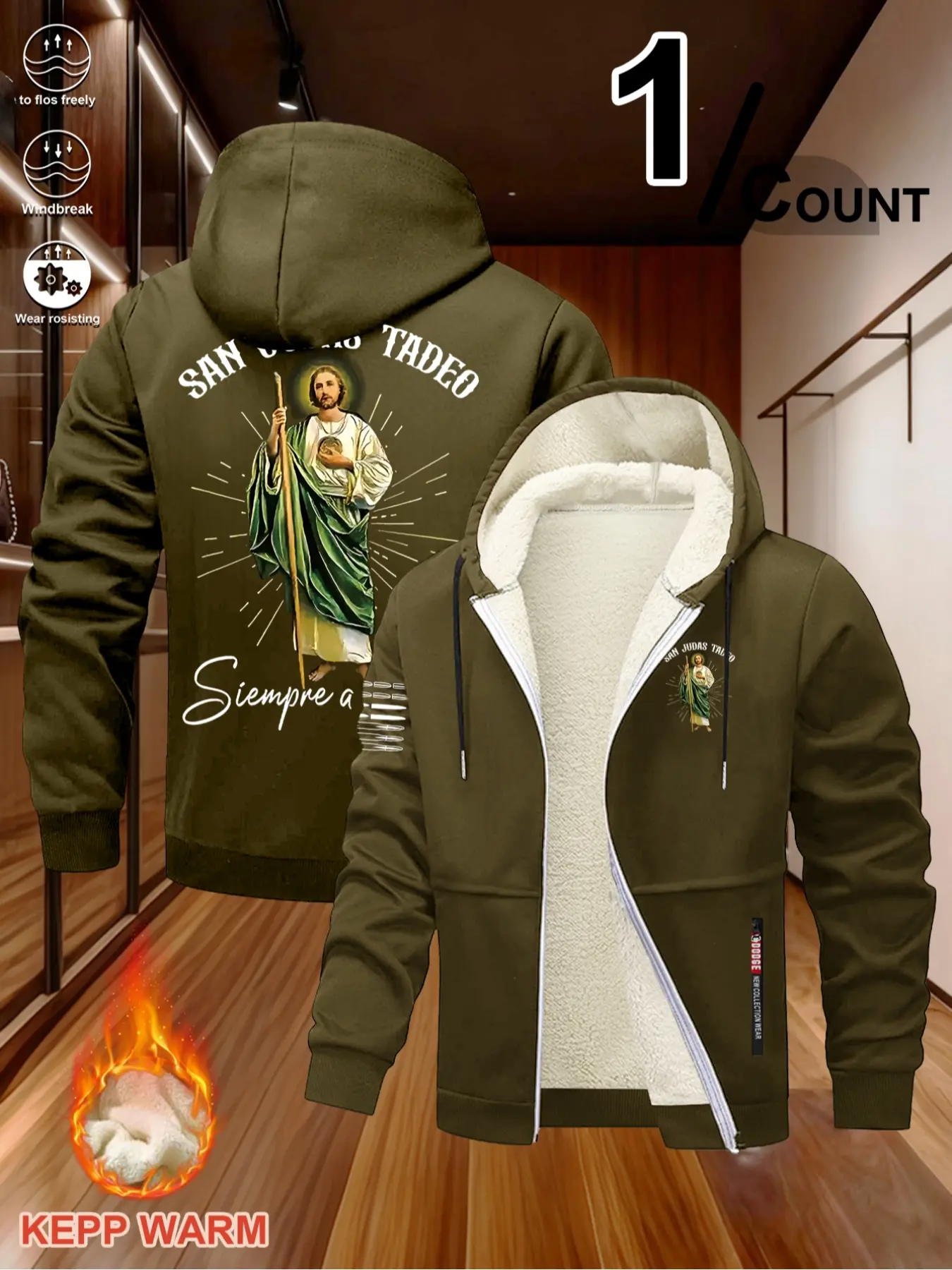 St. Jude Thaddeus Print Fleece Hooded Jacket, Winter Warm Windproof Skin-Friendly Thick Sweatshirt, Religious Sweatshirt Gift, Long Sleeve Casual H-Type Cartoon Pattern, Heavyweight Fleece Hoodie