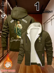 St. Jude Thaddeus Print Fleece Hooded Jacket, Winter Warm Windproof Skin-Friendly Thick Sweatshirt, Long Sleeve Casual H-Type Cartoon Pattern, Heavyweight Fleece Hoodie