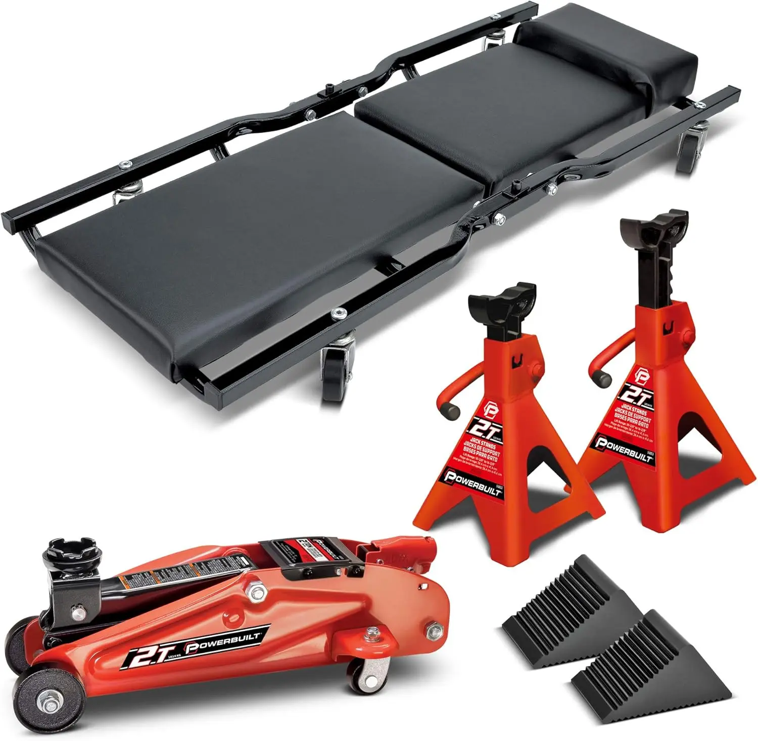Powerbuilt 6 Piece Car Jack and Garage Creeper Service Set, 2 Ton Vehicle Lift, Jackstands, Folding Creeper, Wheel Chocks, Car Repair Garage Equipment - 640816, Large, Red All Trade Tools