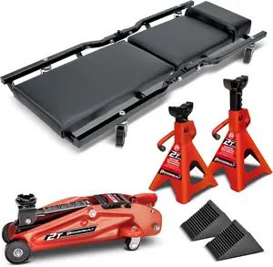 Powerbuilt 6 Piece Car Jack and Garage Creeper Service Set, 2 Ton Vehicle Lift, Jackstands, Folding Creeper, Wheel Chocks, Car Repair Garage Equipment - 640816, Large, Red All Trade Tools