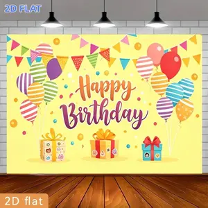 2D Flat Banner 1pc, Poster Party Banner Polyester Backdrop Bright Yellow Happy Birthday Stripe Balloon Gift Banner Event Decorationhome Room Farm Garden Courtyard Photography Live Streaming Wedding Club Gift Festive, P