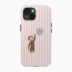 Curious George Cartoon Monkey Cellphone Case - Cute Sport Design with Volleyball on Pink Stripes, Shockproof Polycarbonate-TPU Protection, Handheld Devices Accessory for iPhone Enthusiasts