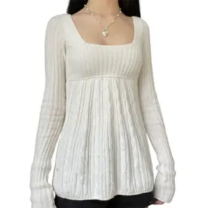 Women's Cable Knit Sweater Tops, Long Sleeve Square Neck Solid Color Loose Fit T-Shirts, Cozy & Casual Knit Sweaters for Fall & Winter