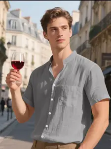 Men's Summer Linen Button-Up Shirt, Casual Classic Stand Collar Short Sleeve Top with Pockets, Comfortable, Breathable and Stylish Daily Wear
