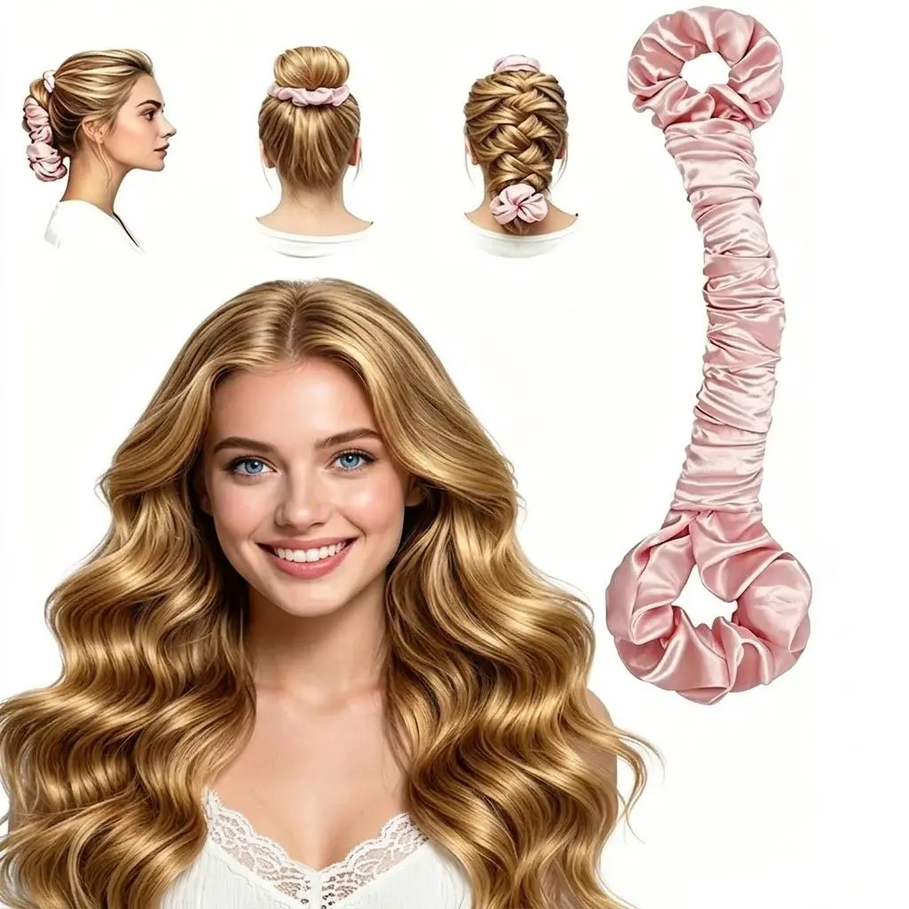 Satin Heatless Curler Set for Damage-Free Overnight Curly Waves, Hair Styling Tool Kit with Curling Ribbon, Scrunchies, and Clip, Damaged-Free Hair, For Lazy Curls, Hair Curler
