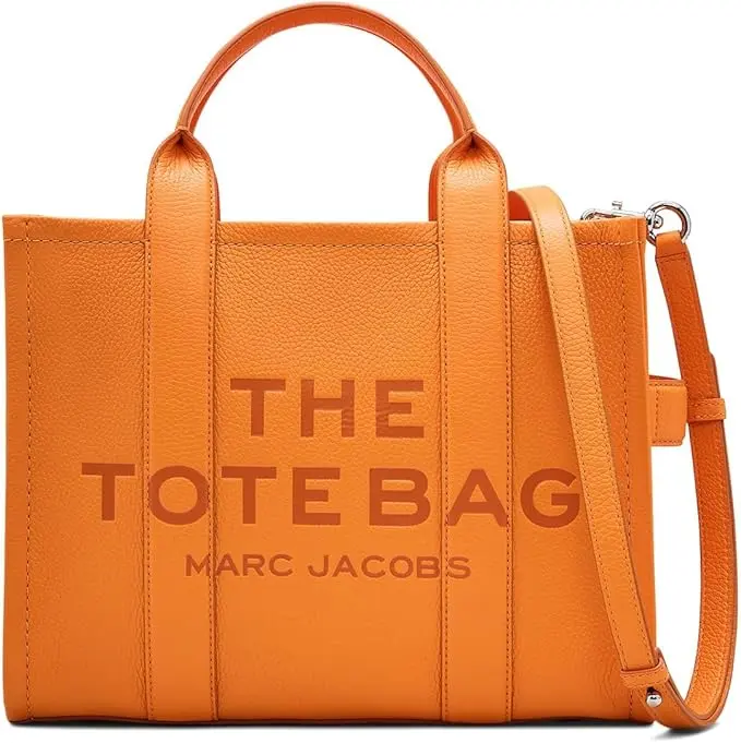 Women's Marc Jacobs The Leather Medium Tote Bag - Tangerine, Adjustable Strap, Crossbody, Casual, 1 Zip Inner Pocket, H004L01PF21-818, Crossbody Bags, Purses Crossbody Bag