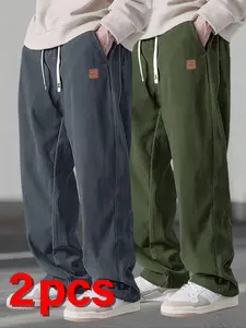 Men's Fashionable 2-Piece Corduroy Straight-Leg Pants Set, Fall New Loose Wide Leg Casual Long Pants with Pockets, Comfortable Durable Fabric