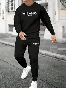 Men's Fall Winter Fleece Lined Hoodie Set, Letter Print Round Neck Sweatshirt + Drawstring Casual Sport Pants, 2 Piece Set