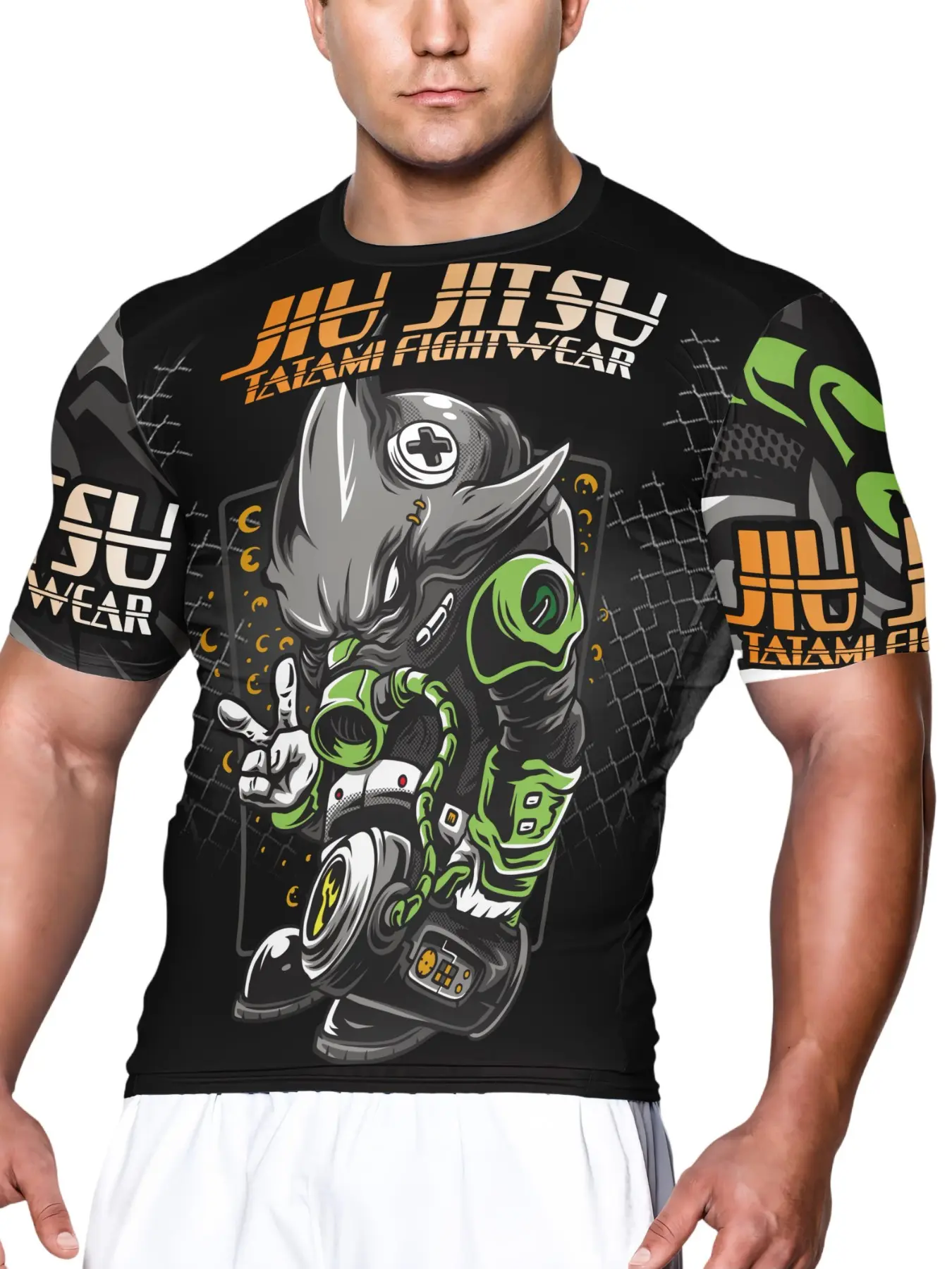 Men's High Elasticity 3D Printed Compression Shirt, Quick-Dry Breathable Polyester, Short Sleeve Round Neck, Sports & Casual Wear, Athletic Compression Shirts