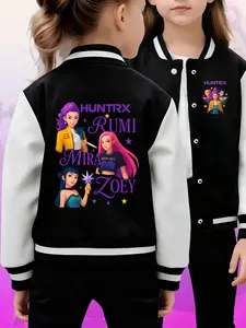 K-Pop Demon Hunters Girls' Baseball Jacket Cartoon Design, Comfortable Fitted Casual Outerwear, Unique Fashion for Fall & Winter, Casual Comfy Jacket