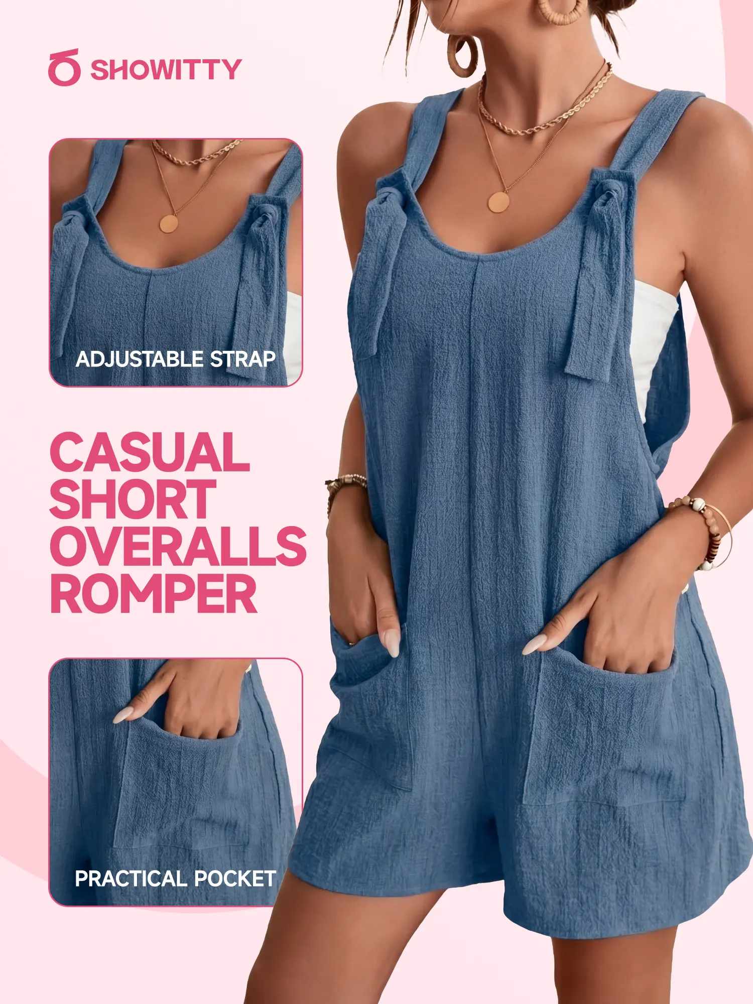 Showitty Women's Basic Sleeveless Overalls - Casual Loose Fit Rompers for Women, Soft Polyester-Elastane Short Jumpsuit with Adjustable Straps, Pockets for Everyday Wear, Comfortable, Casual Wear, One-Piece Coveralls Overalls Shorts