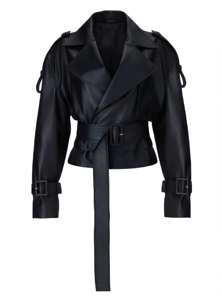 Women's Genuine Leather Cropped Trench Jacket – Black Belted Real Leather Moto Coat with Long Sleeves