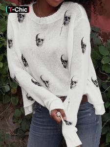women's skull print round neck sweater, casual long sleeve crew neck jumper for spring & fall, fashion women's knitwear for daily wear