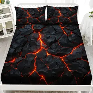 Fitted Sheet 3-Piece Set - 2D Flat Printed Black and Red Crack Pattern Mattress Covers, Available in 10 Sizes (1 fitted sheet + 2 pillowcases, no insert). skin-friendly and breathable bedding, suitable for family bedrooms .