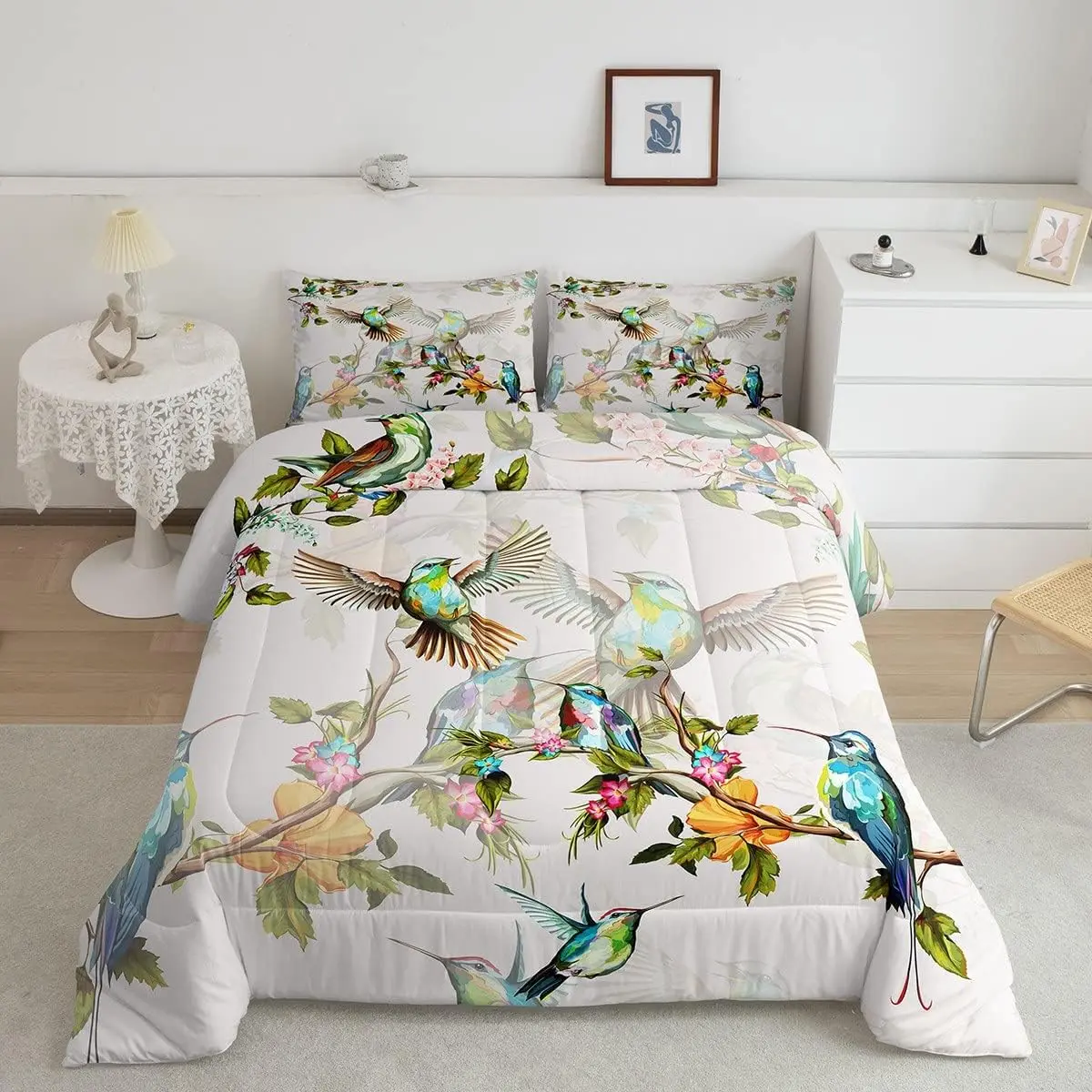 Feelyou Soft Durable Hummingbird Decorative Quilt Set - Blue Green Farmhouse Spring Breathable Bedding Set with Animal, Bird, Botanical, Nature Wildlife Duvet Cover & Insert, Bedspread Set, Quilt Sets